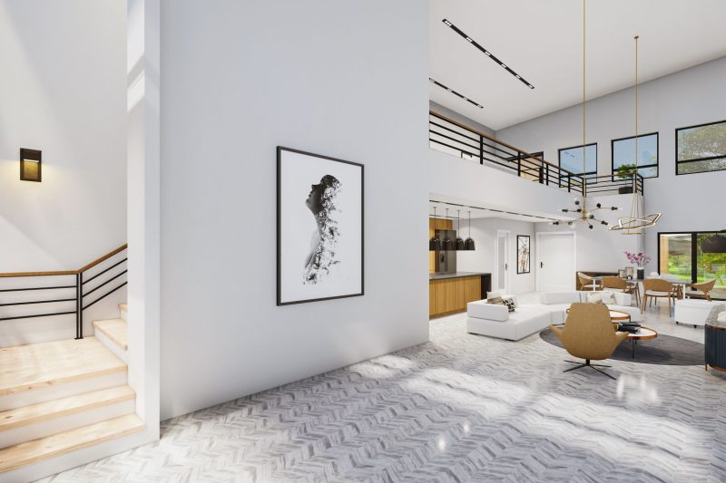 Modern interior featuring sleek furniture, large windows, and abundant natural light, creating a spacious ambiance.
